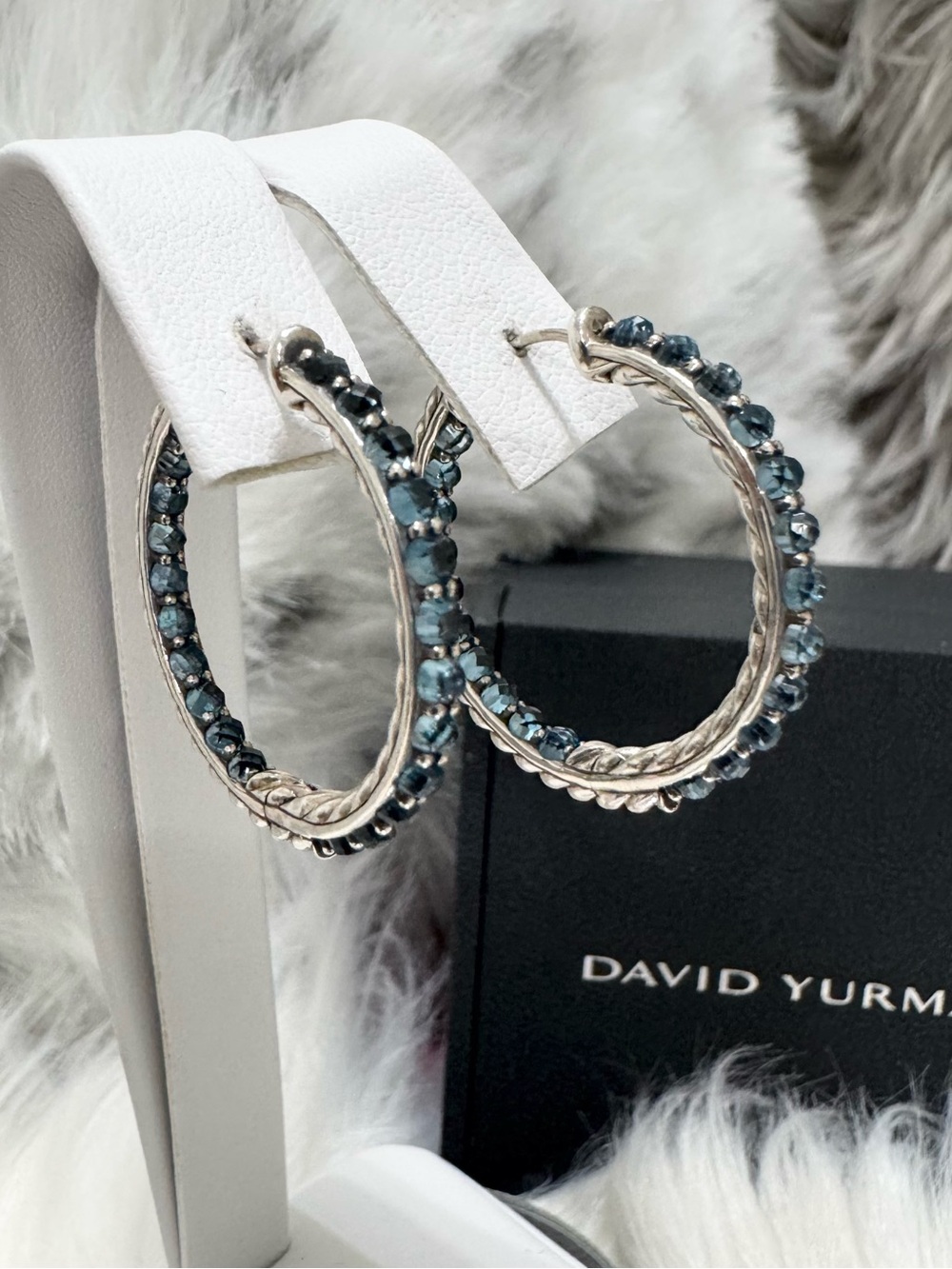 David Yurman Osetra Cable Berries Hoop Earrings with Blue Gemstones .925